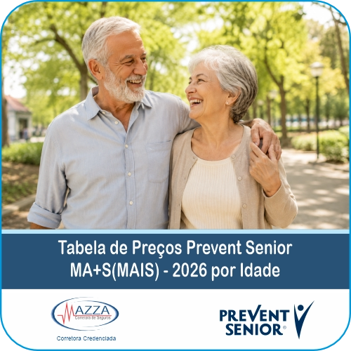 Casal da terceira idade sorrindo em um parque com o informativo da Tabela preço Prevent Senior por idade RJ da Mazza Corretora.